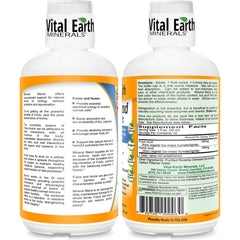 Vital Earth Minerals fulvic-humic liquid cup pictured beside glass for easy mixing and hydration