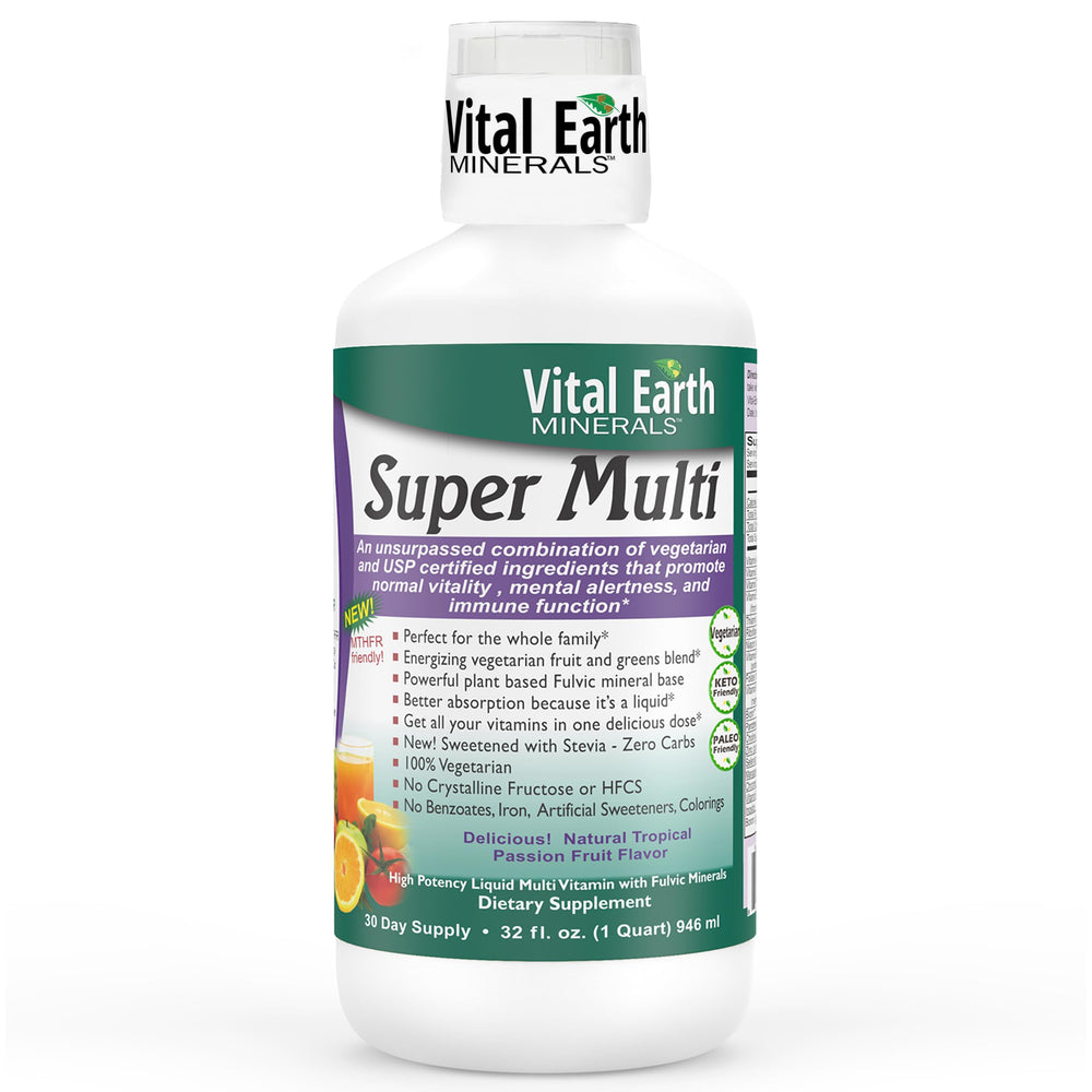 Vital Earth Minerals Super Multi bottle on the kitchen counter for daily use.