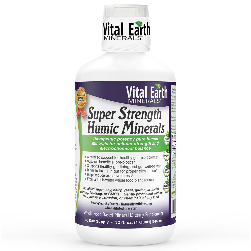 Vital Earth Minerals Super Strength Humic bottle front showing powerful mineral blend for daily vitality.