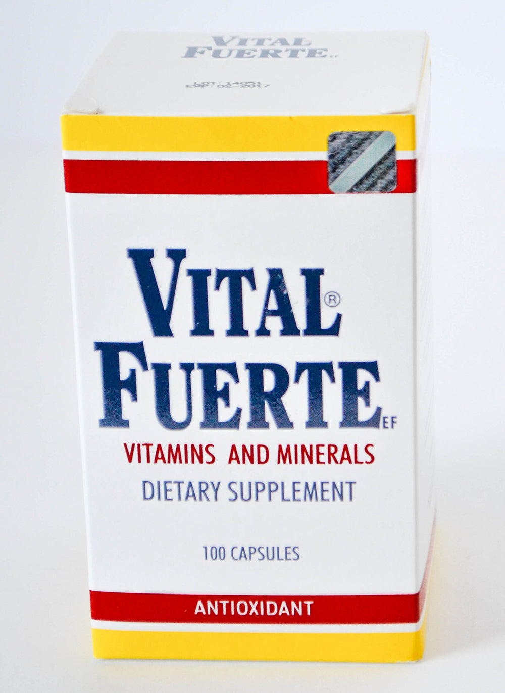 Vital Fuerte bottle front shows a comprehensive multivitamin for daily energy support.