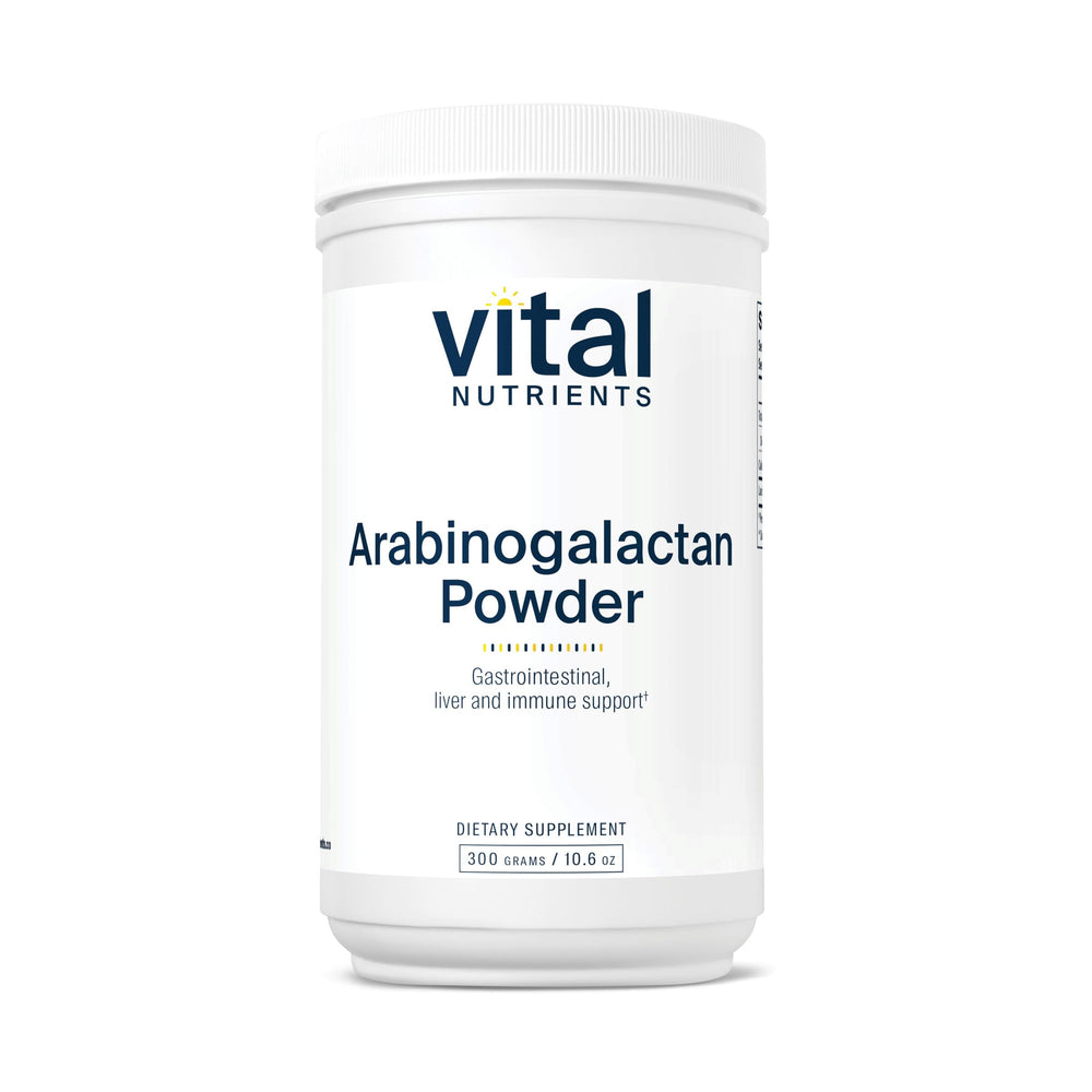 Vital Nutrients Arabinogalactan Powder tub showing fiber content for gut health