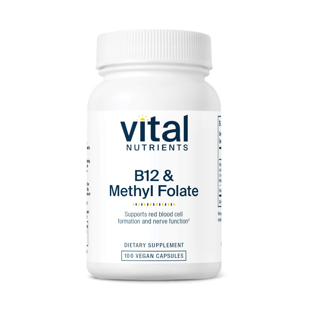 Vital Nutrients B12 and methylfolate bottle showing vegan formula for energy support