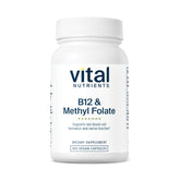 Vital Nutrients B12 and methylfolate bottle showing vegan formula for energy support
