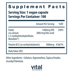 Vital Nutrients B12 methylfolate capsules close-up highlighting high-potency absorption