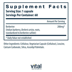 Vital Nutrients Berberine capsules close-up, vegan and allergen-free for daily use.