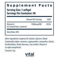 Vital Nutrients beta carotene bottle label highlights carotenoids and serving size