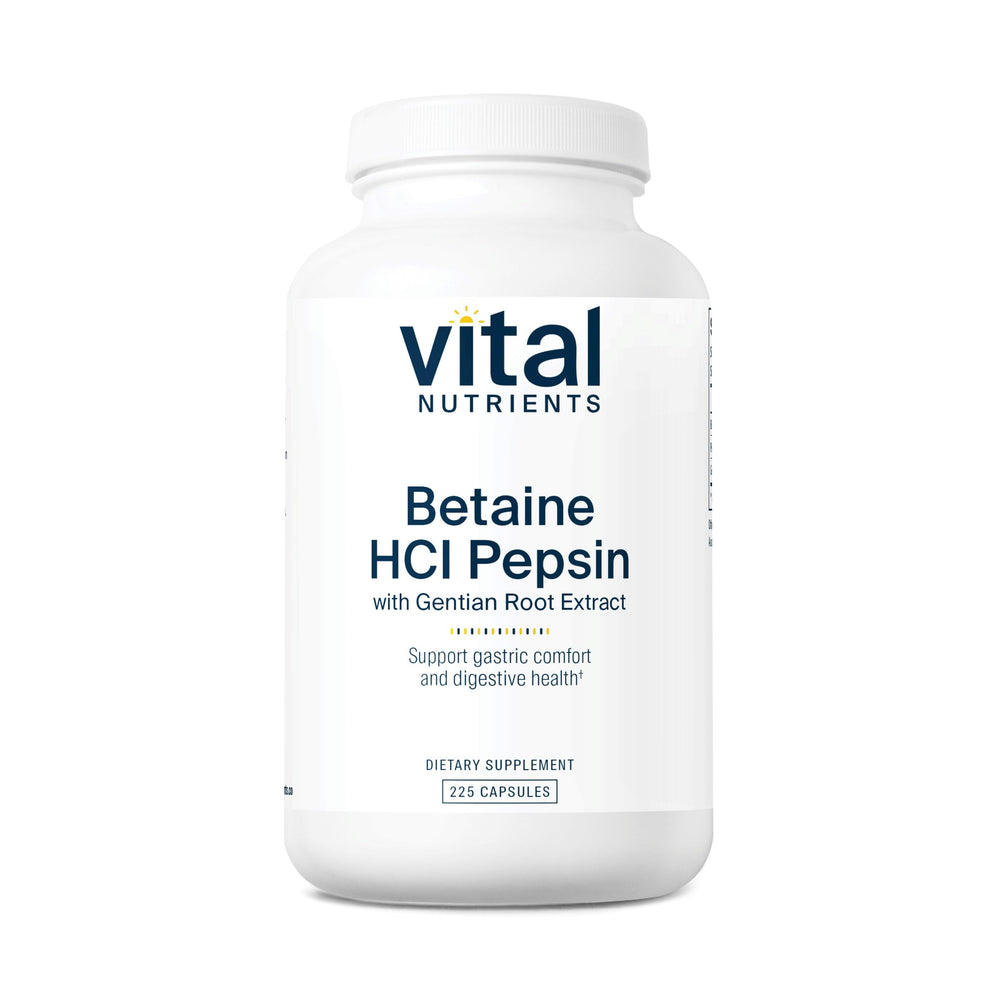 Vital Nutrients Betaine HCl Pepsin bottle label highlights allergen free clean formula for daily use
