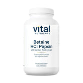 Vital Nutrients Betaine HCl Pepsin bottle label highlights allergen free clean formula for daily use