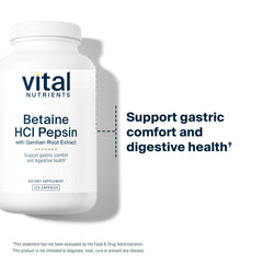 Vital Nutrients Betaine HCl Pepsin packaging front emphasizes gluten dairy and soy free formula