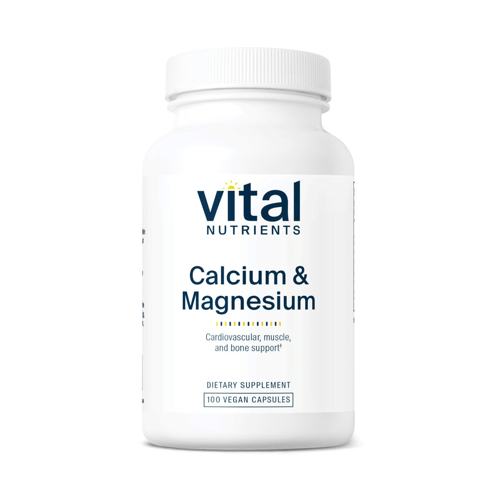 Vital Nutrients calcium–magnesium bottle front for vegan bone support in daily use.