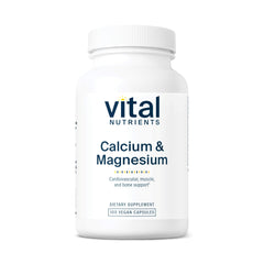Vital Nutrients calcium–magnesium bottle front for vegan bone support in daily use.