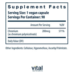 Vital Nutrients Chromium Polynicotinate 200mcg label emphasizes potency and clear ingredients for confidence.