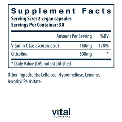 Vital Nutrients Citicoline bottle label highlights 250 mg per capsule for cognitive support.