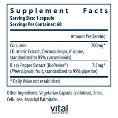 Vital Nutrients Curcumin Extract 700mg bottle back highlights gluten and dairy free formula.