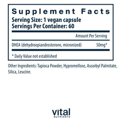 Close-up of Vital Nutrients DHEA capsules highlighting vegan, allergen-free formulation.