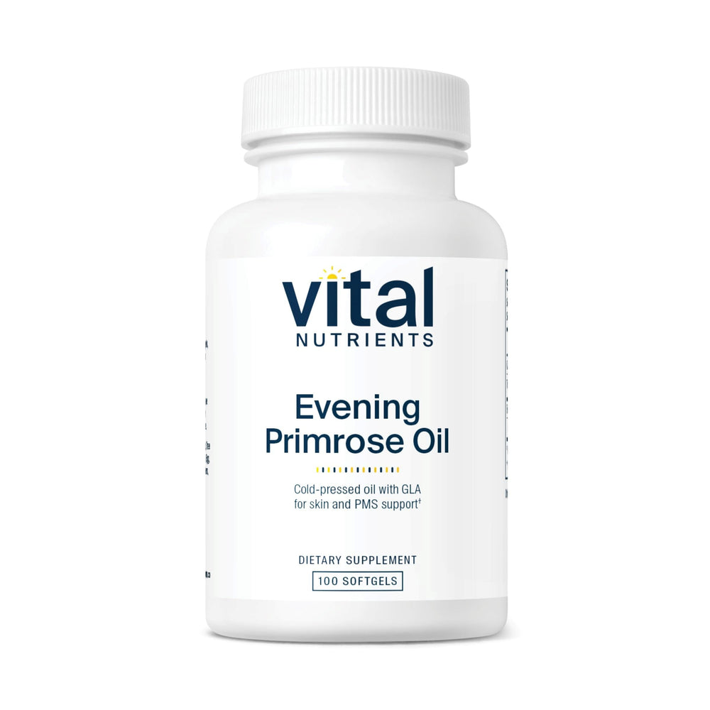 Vital Nutrients Evening Primrose Oil bottle showing premium omega-6 support for skin health.