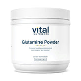 Vital Nutrients Glutamine Powder bottle highlights GI support and vegan, allergen-free formula.