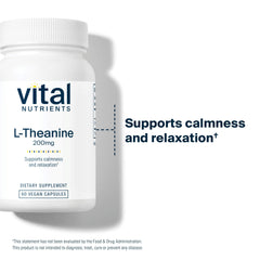 Vital Nutrients L-Theanine bottle label shows allergen-free ingredients.