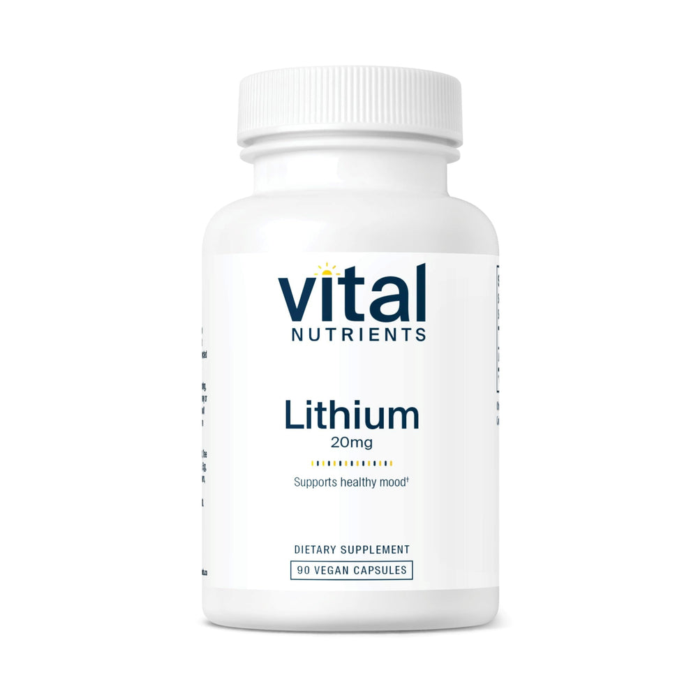 Vital Nutrients Lithium Ootate 20mg bottle shows vegan formula for memory support.