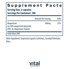 Vital Nutrients magnesium capsules closeup showing easy-to-swallow pills