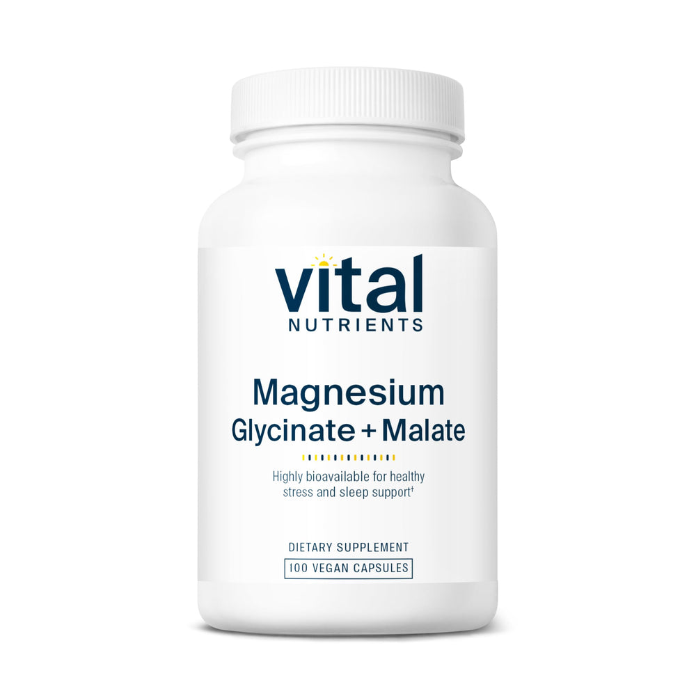 Vital Nutrients Magnesium Glycinate + Malate bottle, front view, for daily relaxation.