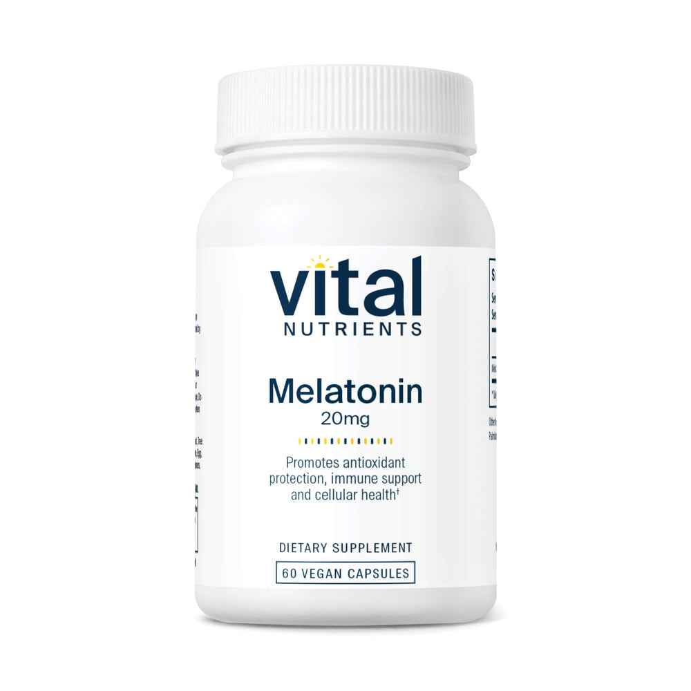 Vital Nutrients Melatonin 20mg bottle shows vegan sleep support for nighttime calm.