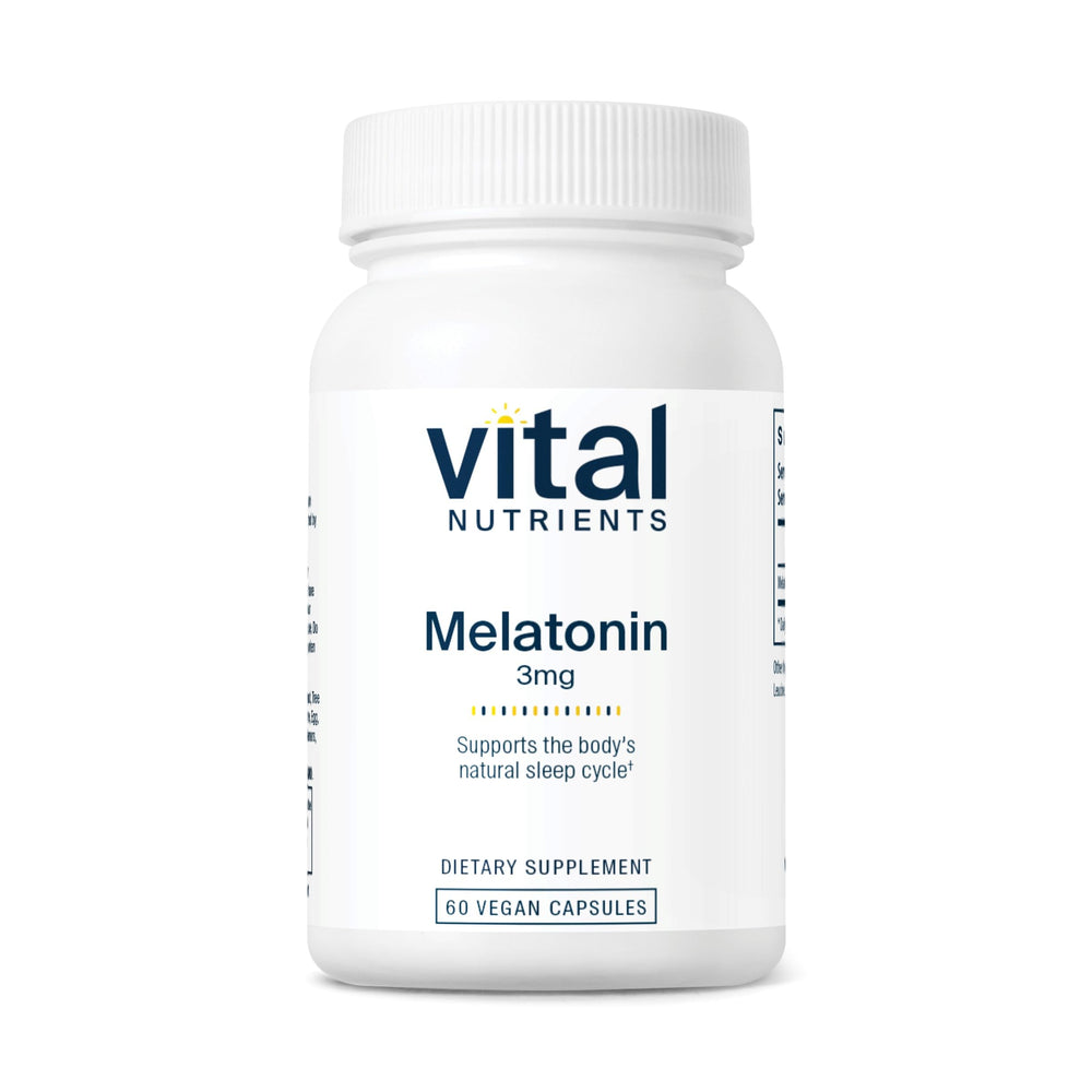 Vital Nutrients Melatonin 3mg bottle with vegan sleep support formula.