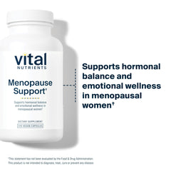 Vital Nutrients Menopause Support label closeup highlights herbal blend and ingredients.