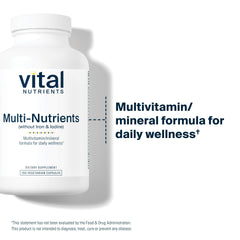 Vital Nutrients Multi-Nutrients label details, allergen-free formula with no iron or iodine.