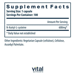 Vital Nutrients NAC 600mg capsules close-up showing smooth texture ideal for daily use
