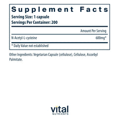 Vital Nutrients NAC 600mg capsules close-up highlighting vegan antioxidant dietary supplement.