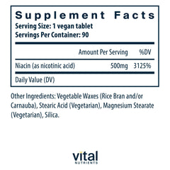 Vital Nutrients Niacin 500mg tablets close-up showing dosage and form.