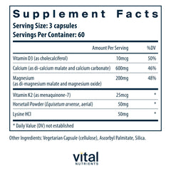 Vital Nutrients Osteo-Nutrients bottle back label with K2-7, D3, calcium, and magnesium.