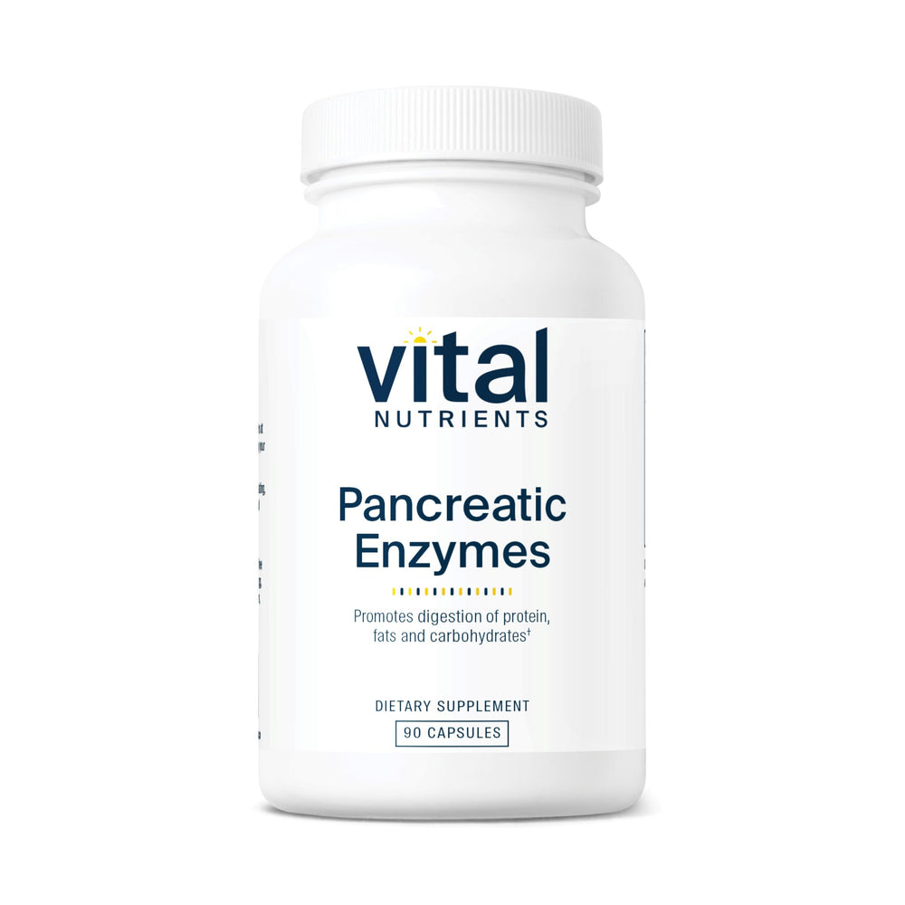 Vital Nutrients Pancreatic Enzymes bottle for easy digestion support with meals