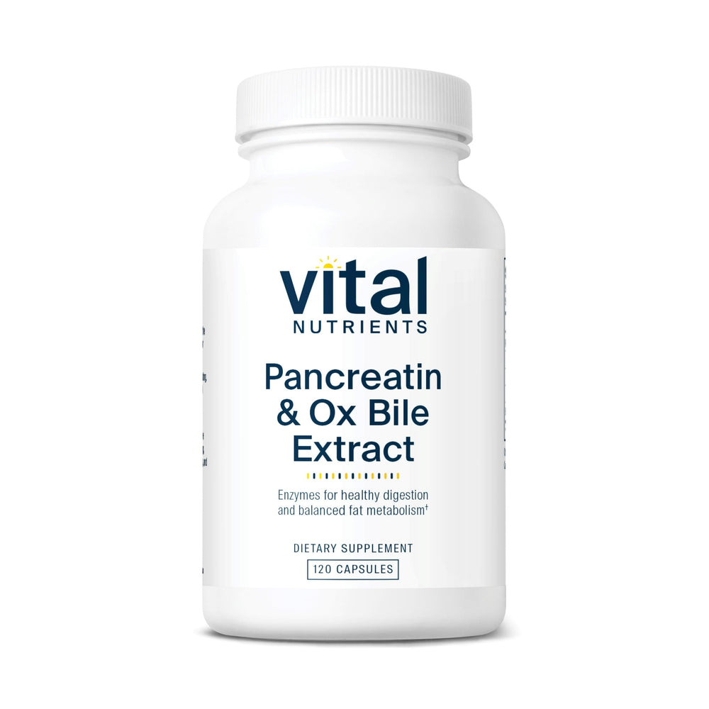 Vital Nutrients Pancreatin & Ox Bile Extract bottle front shows product branding and packaging for meals