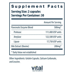 Close-up of Vital Nutrients Pancreatin & Ox Bile capsules highlighting digestion potency