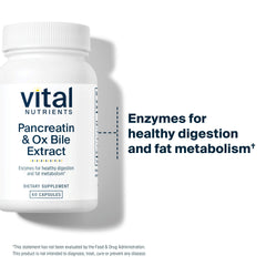 Vital Nutrients Pancreatin & Ox Bile label emphasizing gluten-free and dairy-free formulation