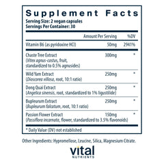 Vital Nutrients PMS Support capsules close-up highlighting Vitex and passionflower for cycle balance