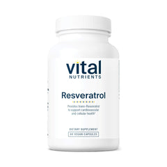 Vital Nutrients Resveratrol bottle label showing 250 mg trans-resveratrol for heart support.