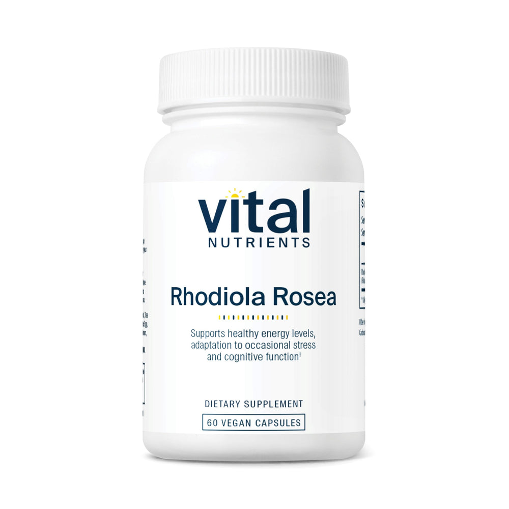 Vital Nutrients Rhodiola Rosea bottle on counter for daily energy.