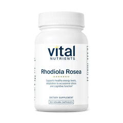 Vital Nutrients Rhodiola Rosea bottle on counter for daily energy.