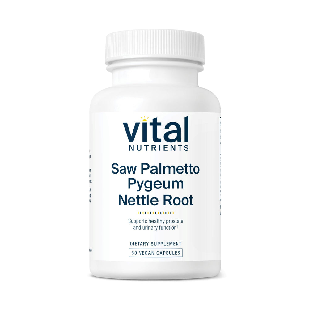 Vital Nutrients bottle with vegan saw palmetto-pygeum-nettle blend for prostate support.