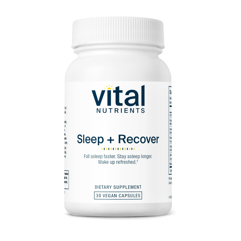 Vital Nutrients Sleep + Recover bottle front showcases vegan sleep support in clean packaging
