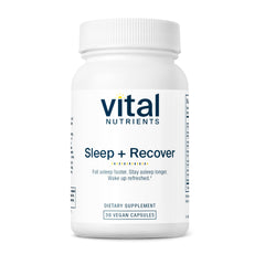 Vital Nutrients Sleep + Recover bottle front showcases vegan sleep support in clean packaging