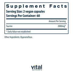 Vital Nutrients Taurine 1000mg label close-up showing vegan, non-GMO ingredients