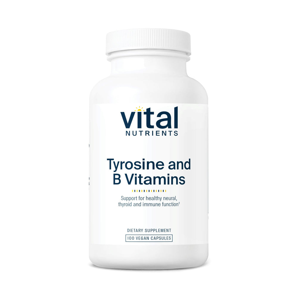 Vital Nutrients Tyrosine and B Vitamins bottle front highlighting energy support and focus.