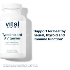 Vital Nutrients Tyrosine and B Vitamins capsules closeup for easy swallowing.