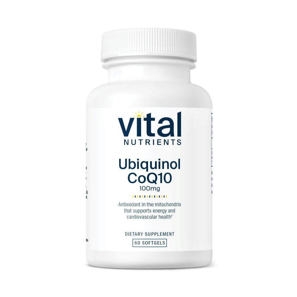 Vital Nutrients Ubiquinol CoQ10 bottle label highlighting activated CoQ10 for heart support.