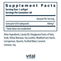 Vital Nutrients Ubiquinol CoQ10 softgels close-up showing easy-to-swallow capsules for daily energy.