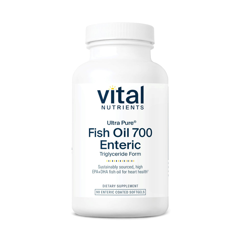 Vital Nutrients Ultra Pure Fish Oil 700 Enteric bottle with enteric-coated capsules for burp-free use